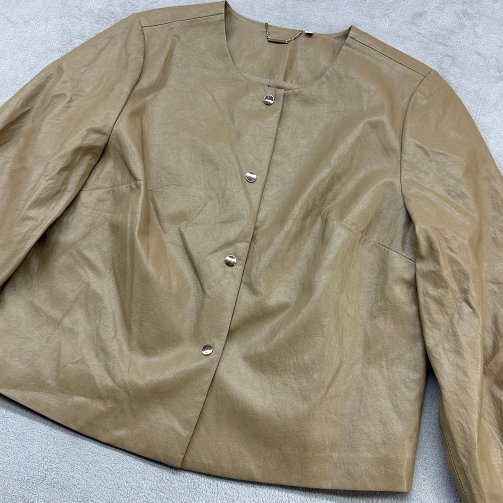 Chico's Faux Leather Jacket Womens 2 US 12 Tan Collarless Snap Front Chic Modern